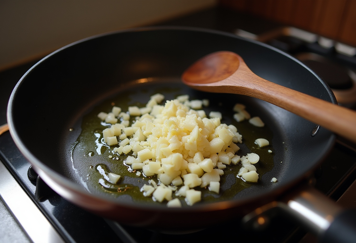 Garlic and onions sautéing in olive oil for Garlic Chicken Gnocchi Skillet.