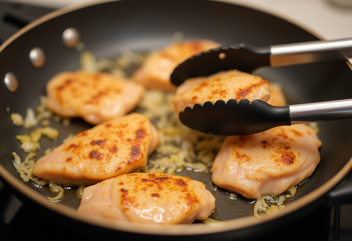Chicken breast pieces browning in skillet for Garlic Chicken Gnocchi Skillet.