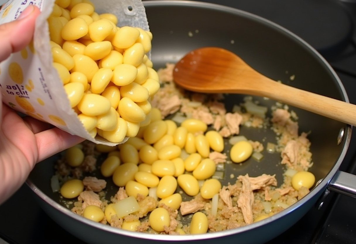 Gnocchi added to skillet with chicken and garlic for Garlic Chicken Gnocchi Skillet.
