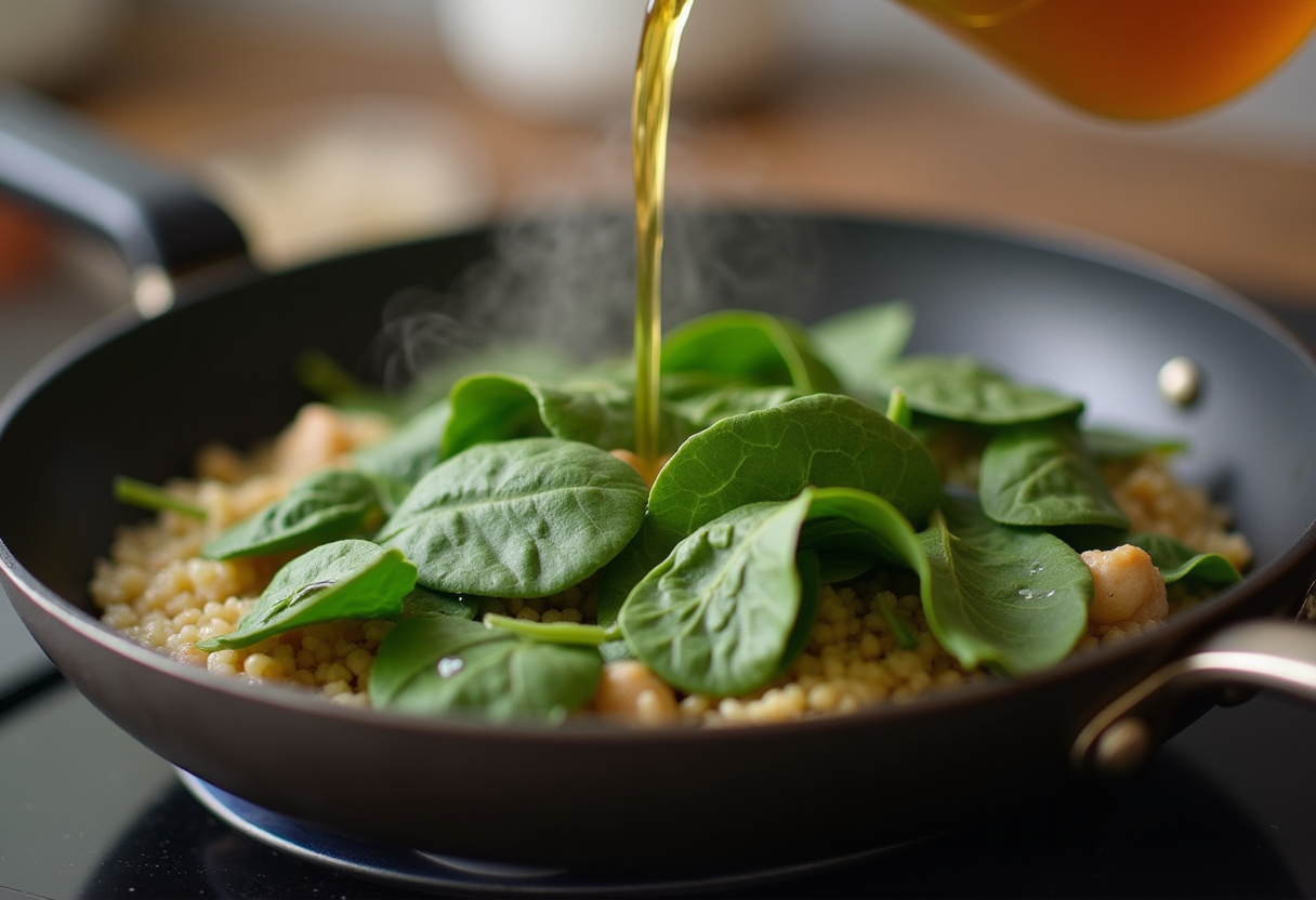 Chicken broth and spinach added to Garlic Chicken Gnocchi Skillet.