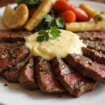 Delicious grilled steak with garlic butter and roasted vegetables, ready to eat.