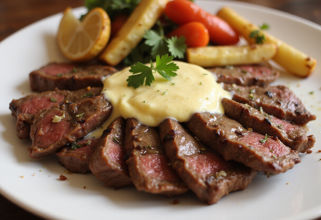 Delicious grilled steak with garlic butter and roasted vegetables, ready to eat.