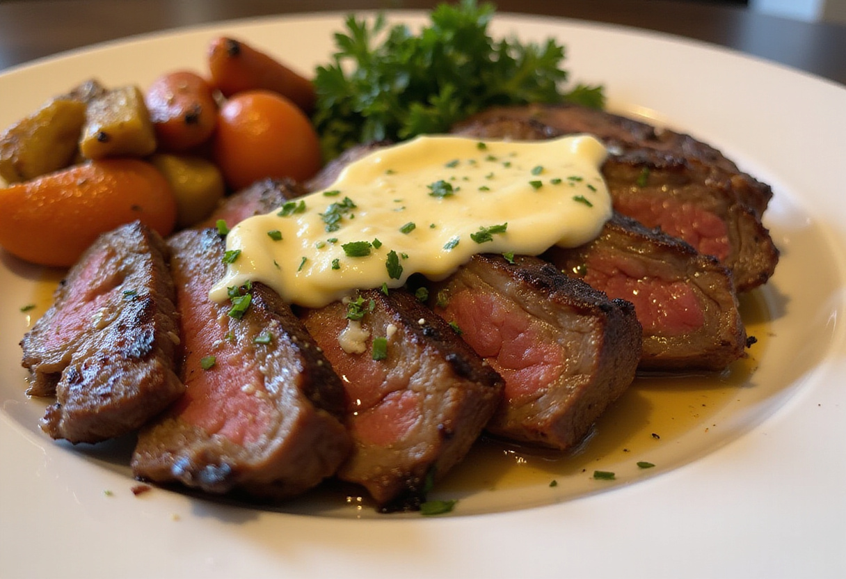 Delicious grilled steak with garlic butter and roasted vegetables, ready to eat.