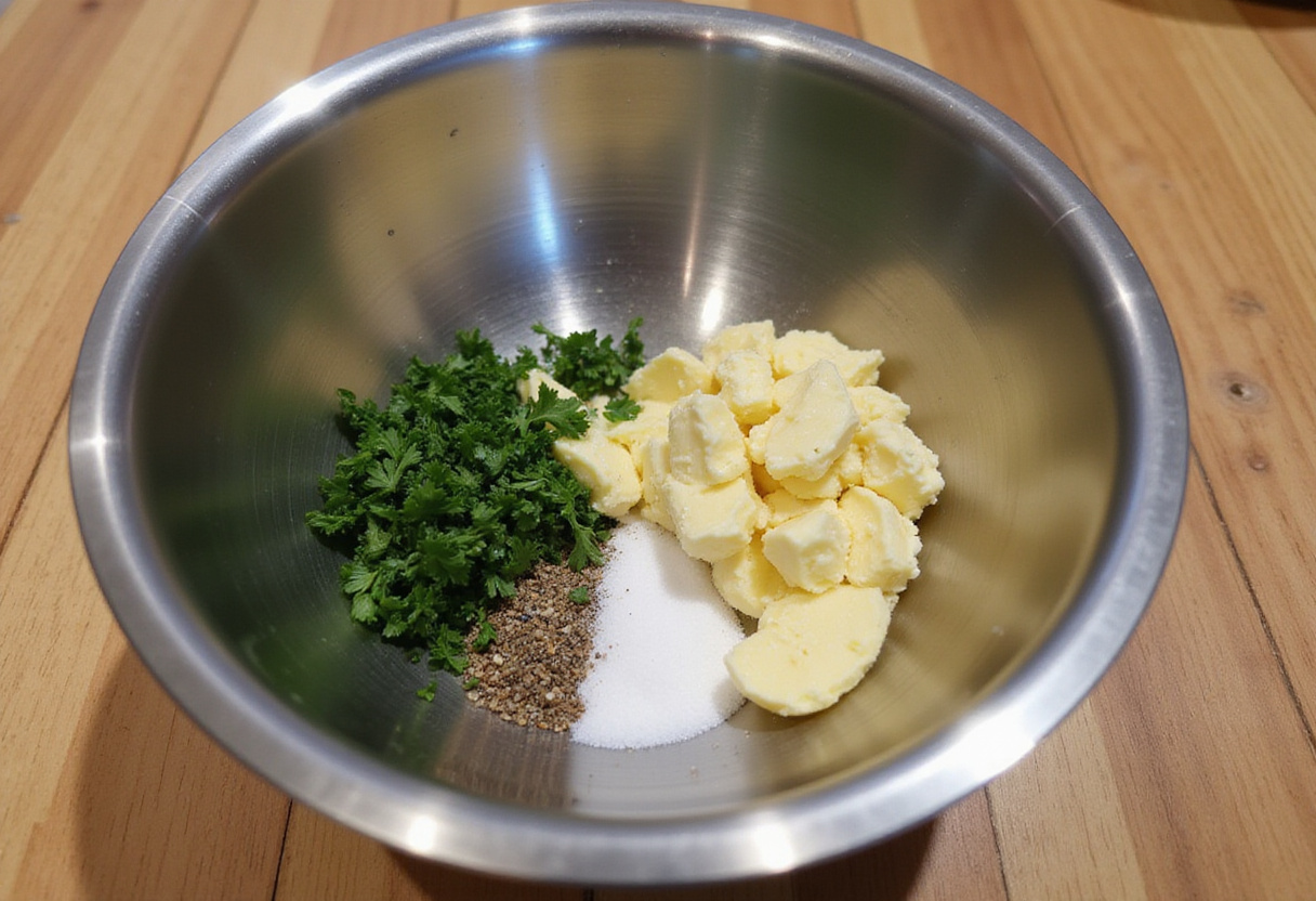 Ingredients for garlic butter being prepared for grilled steak.