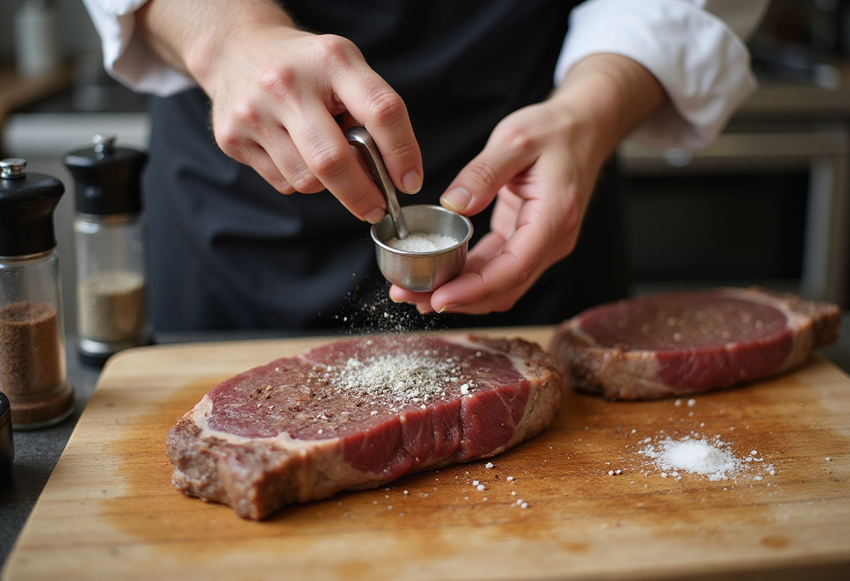 Steak being seasoned with salt and pepper before grilling with garlic butter.