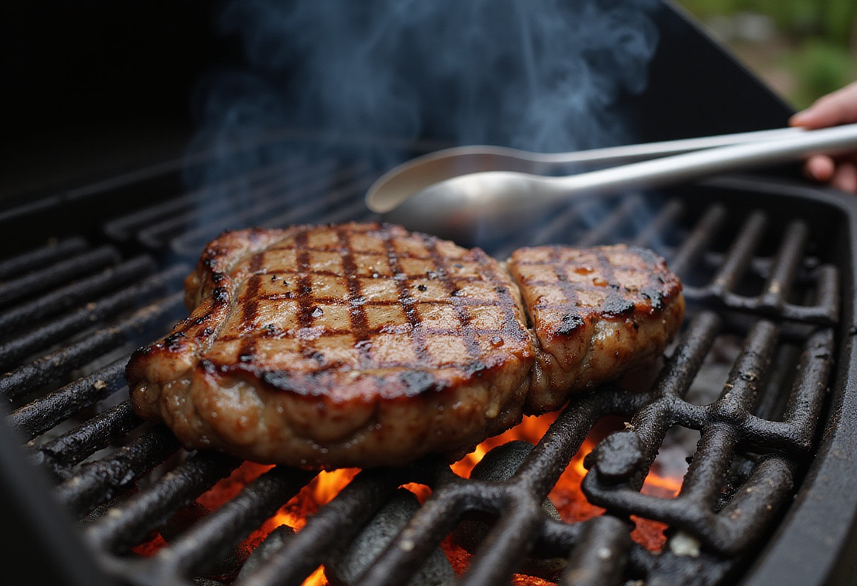 Steak grilling on a barbecue, for making Grilled Steak with Garlic Butter.