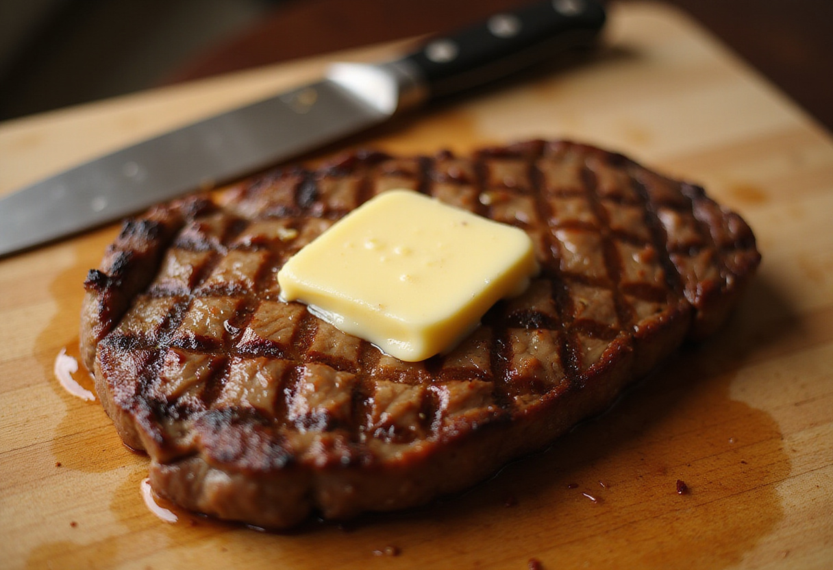 Garlic butter melting on grilled steak, ready for serving.