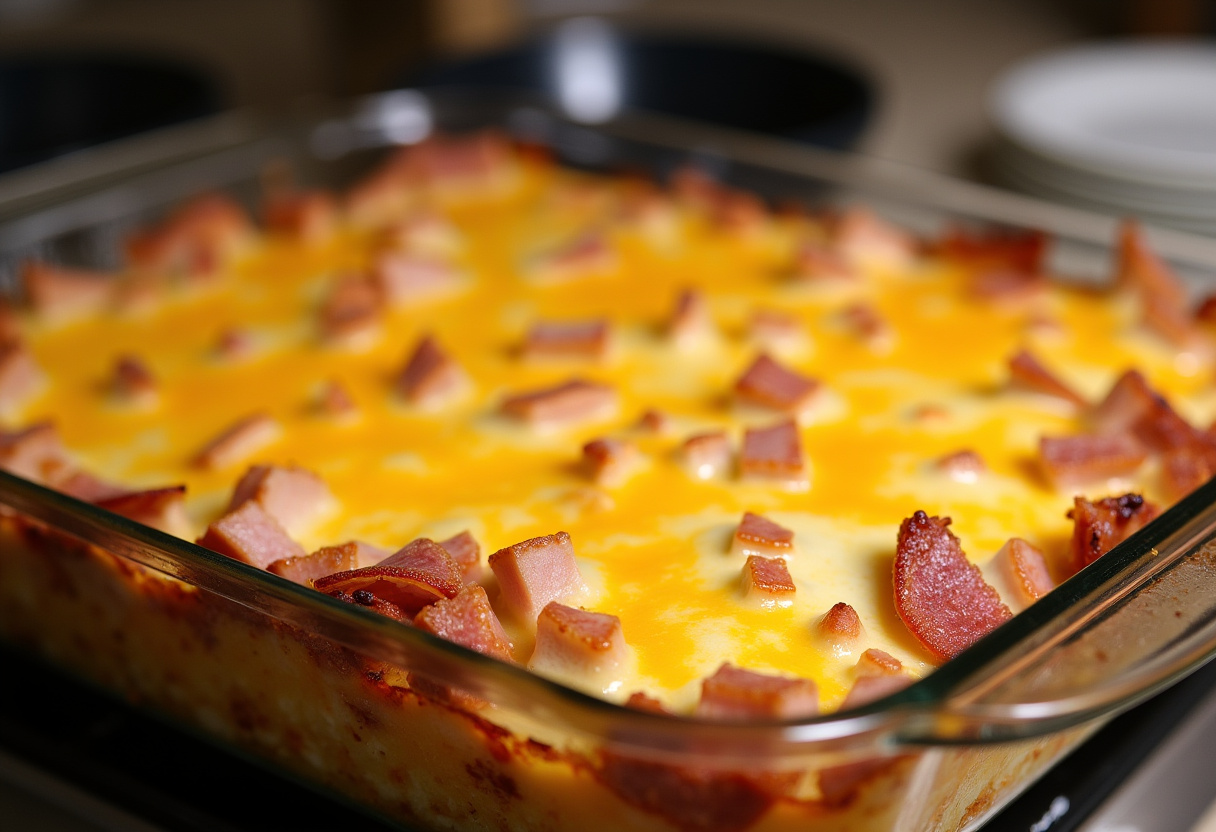 Finished Ham and Cheese Hash Brown Casserole with melted cheese, perfect for a hearty meal.