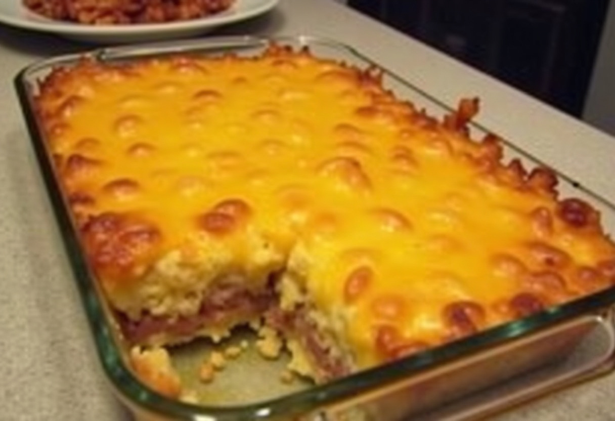 Finished Ham and Cheese Hash Brown Casserole with melted cheese, perfect for a hearty meal.