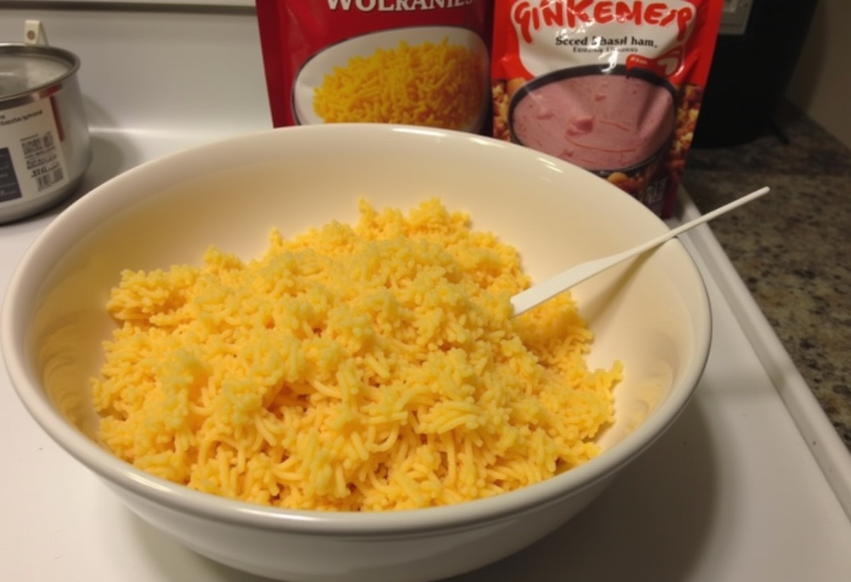 Shredded hash browns in a mixing bowl with cheese and ham for Ham and Cheese Hash Brown Casserole.