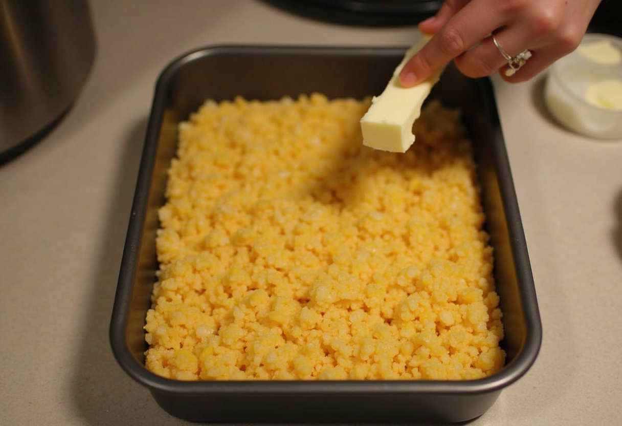 Greasing a baking dish for Ham and Cheese Hash Brown Casserole.