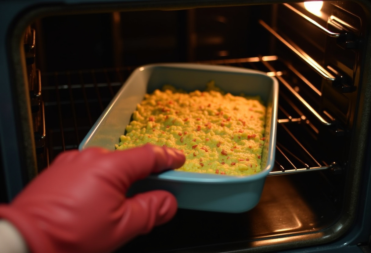 Baking dish with Ham and Cheese Hash Brown Casserole mixture being placed in the oven.