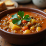 Finished Hearty Lentil and Potato Soup garnished with parsley, served with crusty bread.