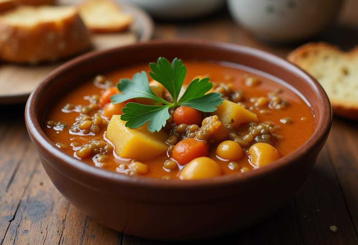 Finished Hearty Lentil and Potato Soup garnished with parsley, served with crusty bread.
