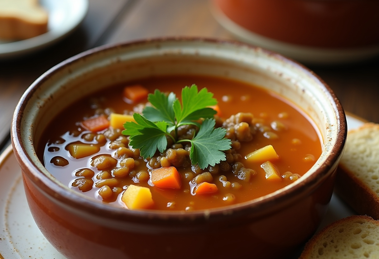Finished Hearty Lentil and Potato Soup garnished with parsley, served with crusty bread.