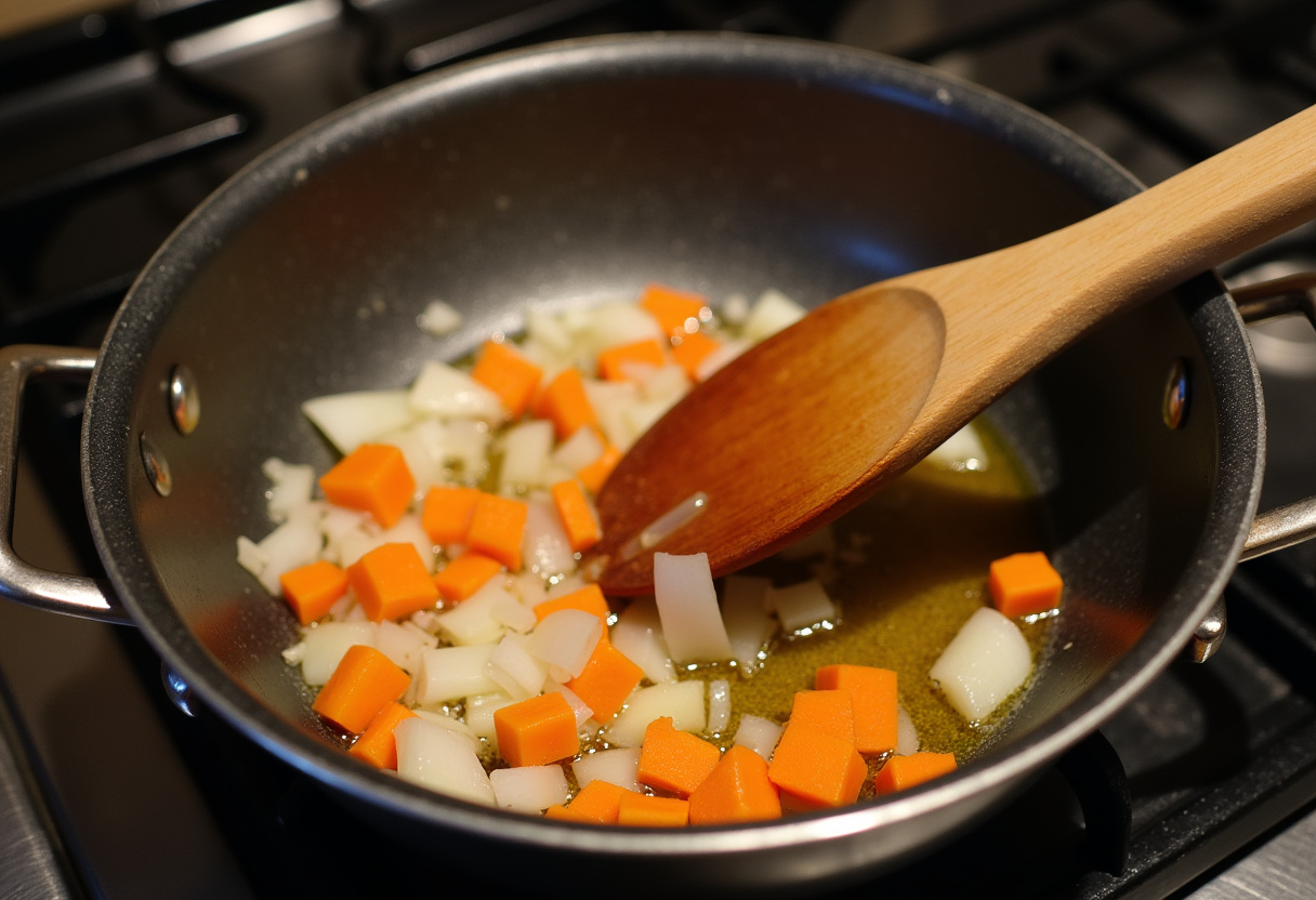 Diced onions and carrots sautéing in olive oil for Hearty Lentil and Potato Soup.