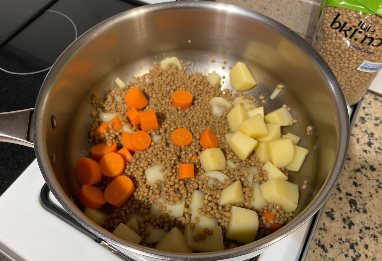 Lentils and diced potatoes added to sautéed vegetables for Hearty Lentil and Potato Soup.
