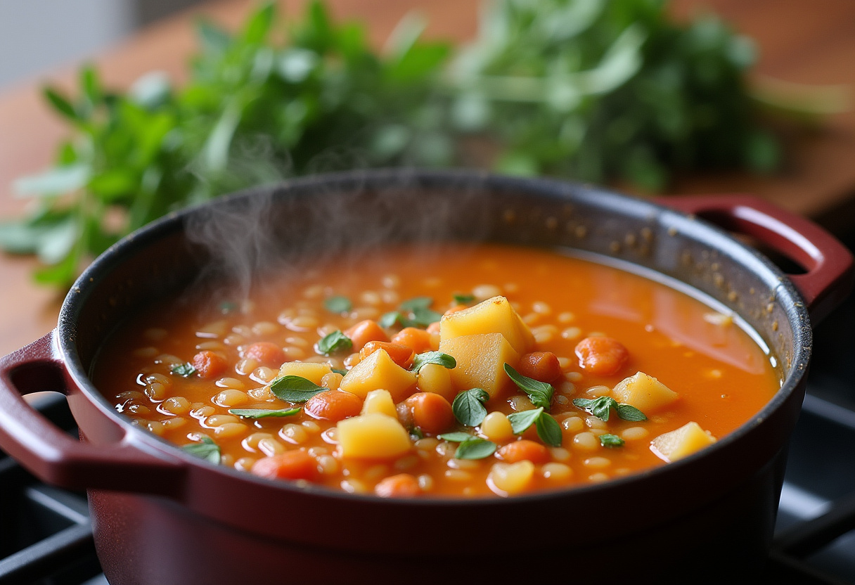 Simmering pot of Hearty Lentil and Potato Soup with fresh herbs ready for garnish.