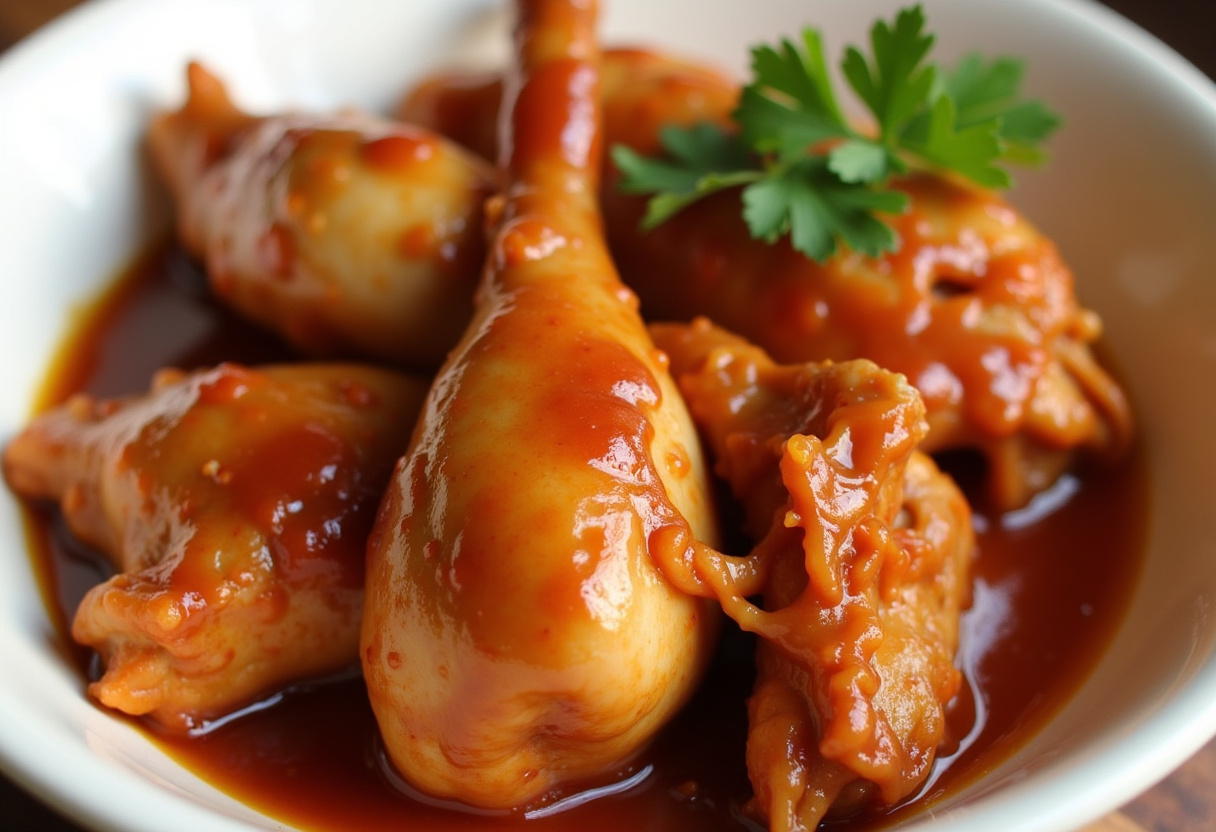 Finished Heavenly Slow Cooker Chicken Delight with shredded chicken in barbecue-apricot sauce, garnished with parsley.