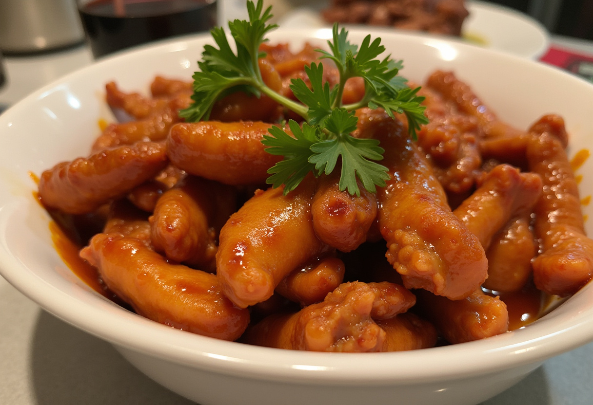Finished Heavenly Slow Cooker Chicken Delight with shredded chicken in barbecue-apricot sauce, garnished with parsley.