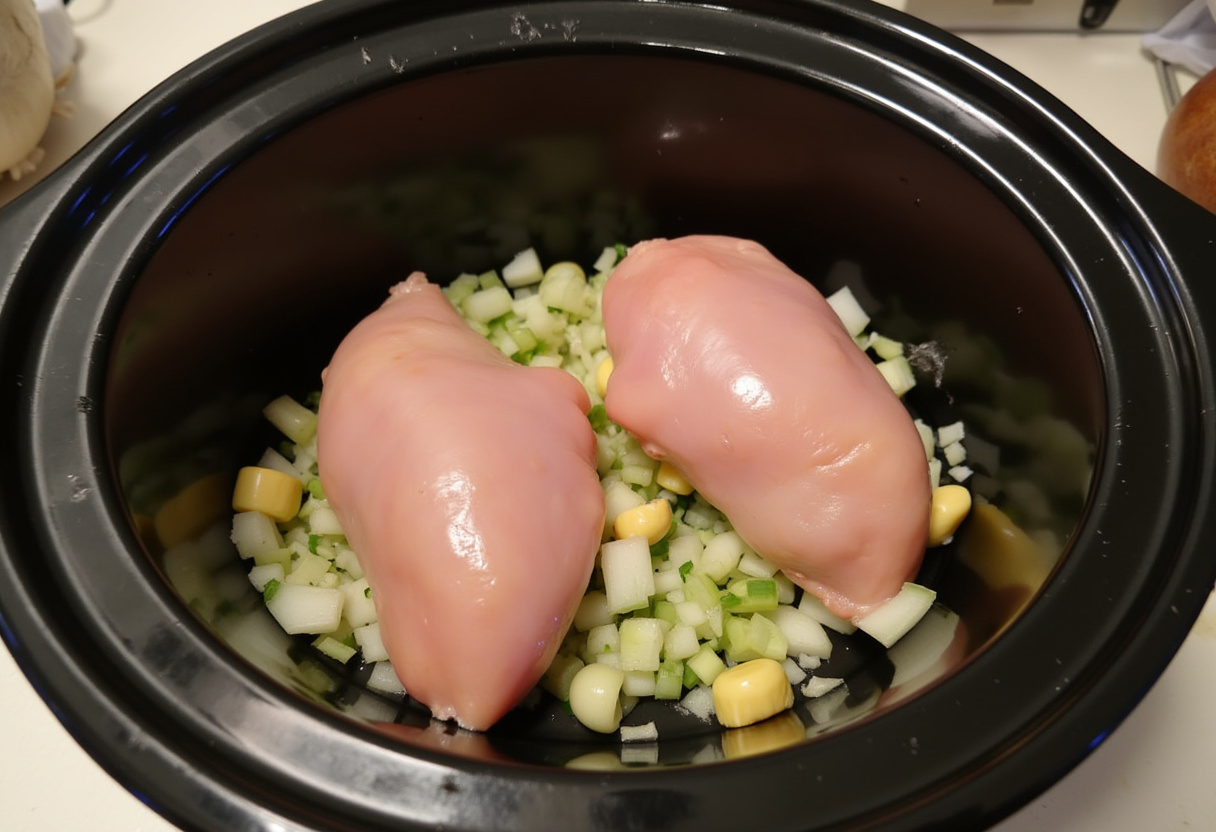 Raw chicken breasts with onions and garlic in a slow cooker for Heavenly Slow Cooker Chicken Delight.