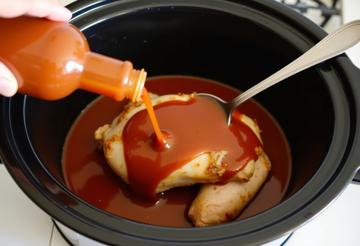 Barbecue sauce being poured over chicken in a slow cooker for Heavenly Slow Cooker Chicken Delight.