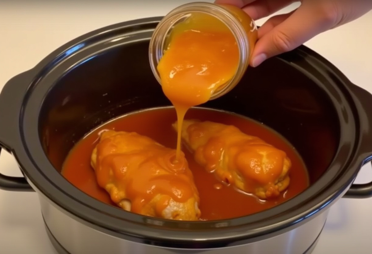 Apricot jam added to the slow cooker with chicken and barbecue sauce for Heavenly Slow Cooker Chicken Delight.