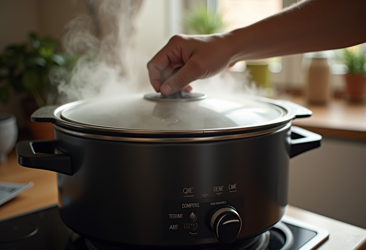 Slow cooker with lid on, cooking Heavenly Slow Cooker Chicken Delight.