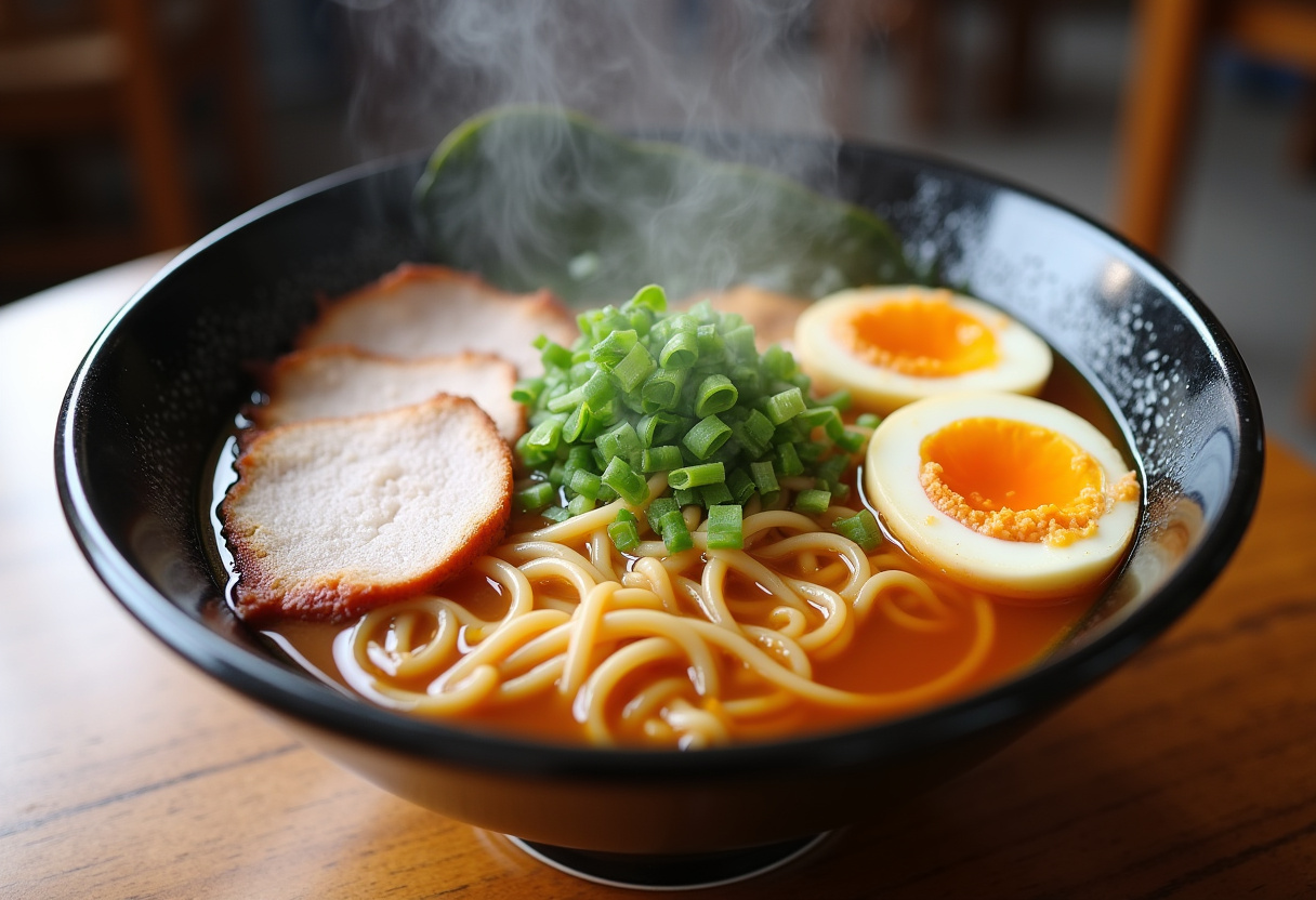 Delicious homemade ramen bowl with pork, egg, and garnishes ready to eat.