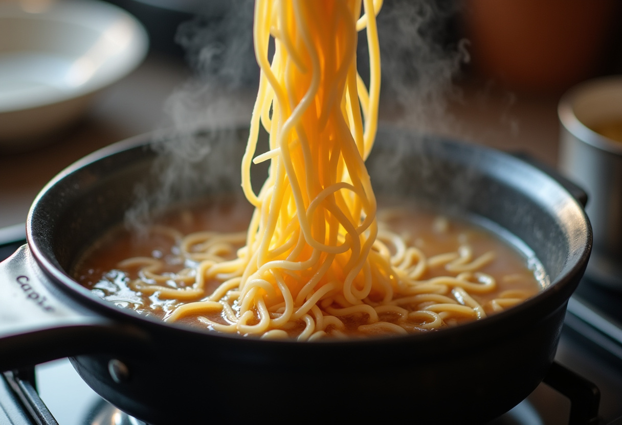 Fresh ramen noodles cooking in boiling water for homemade ramen.