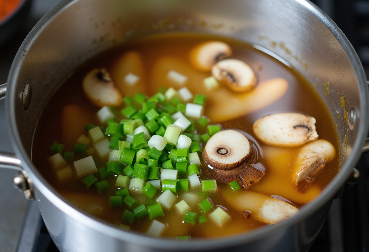 Simmering ramen broth with green onions and mushrooms for homemade ramen.