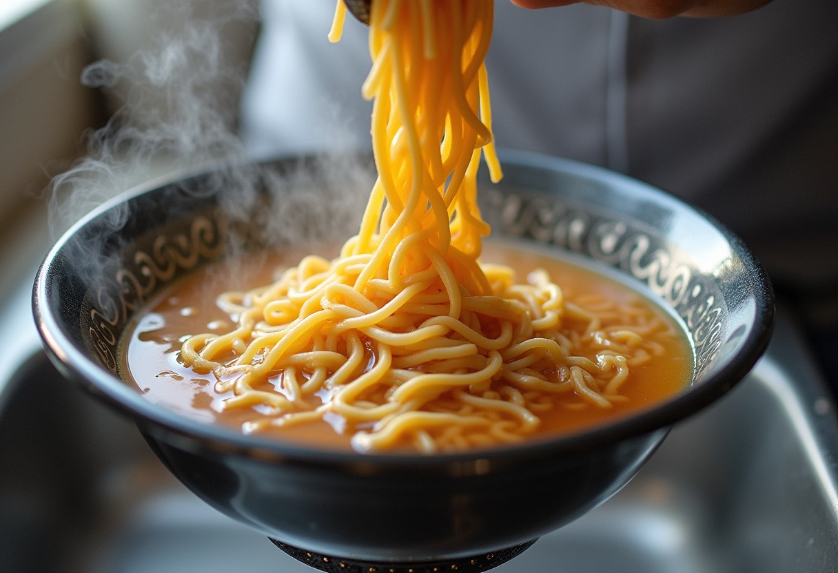Draining cooked ramen noodles for homemade ramen dish.