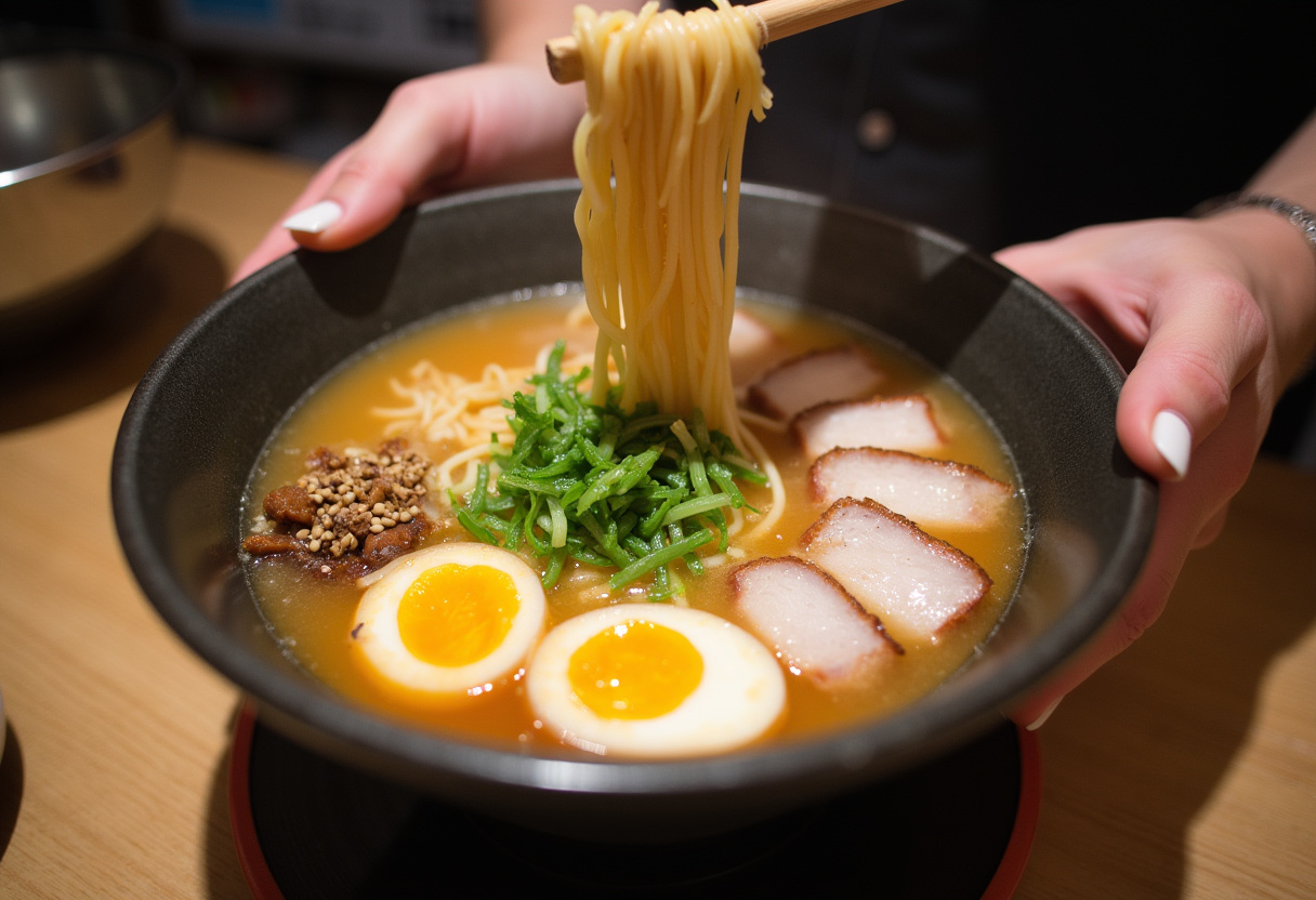 Assembling homemade ramen bowl with noodles, broth, pork, and egg.