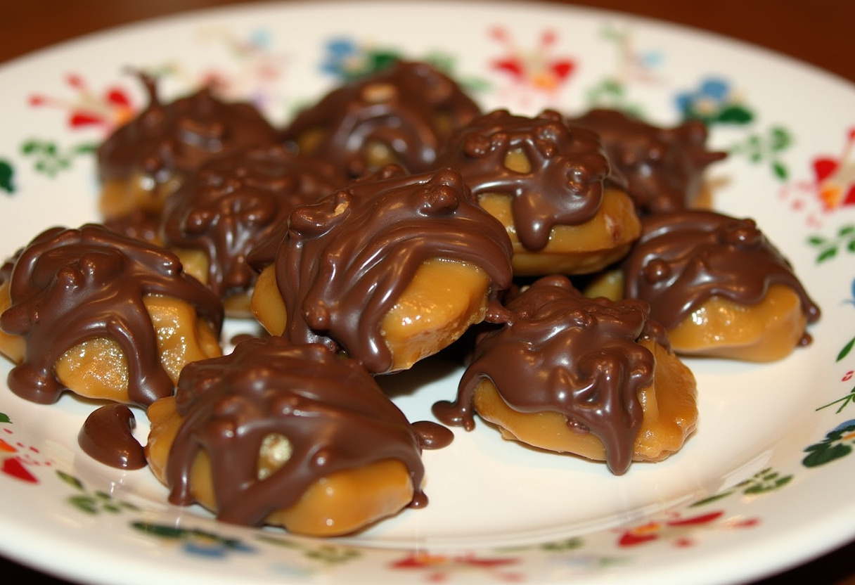 Finished Homemade Turtle Candy with caramel, pecans, and chocolate drizzle.