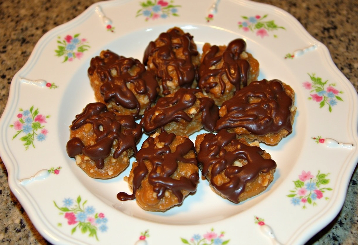 Finished Homemade Turtle Candy with caramel, pecans, and chocolate drizzle.