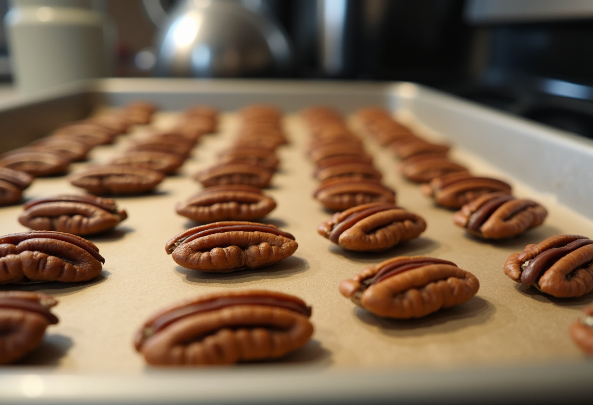 Pecan clusters arranged on a baking sheet for making Homemade Turtle Candy.