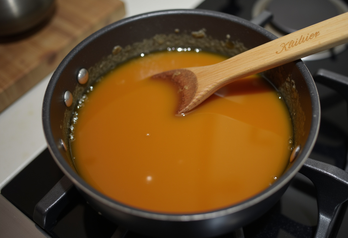 Golden caramel cooking on the stove for Homemade Turtle Candy.