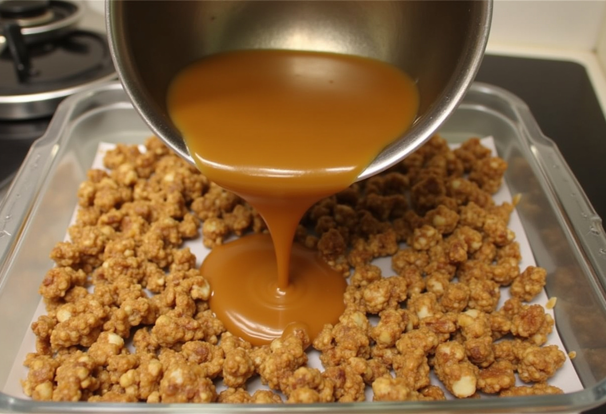 Caramel being poured over pecan clusters for Homemade Turtle Candy.