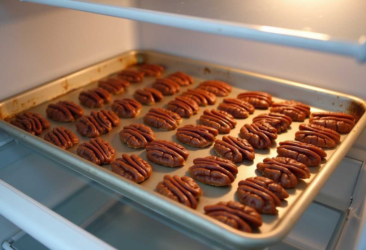 Caramel-covered pecans chilling in the fridge for Homemade Turtle Candy.