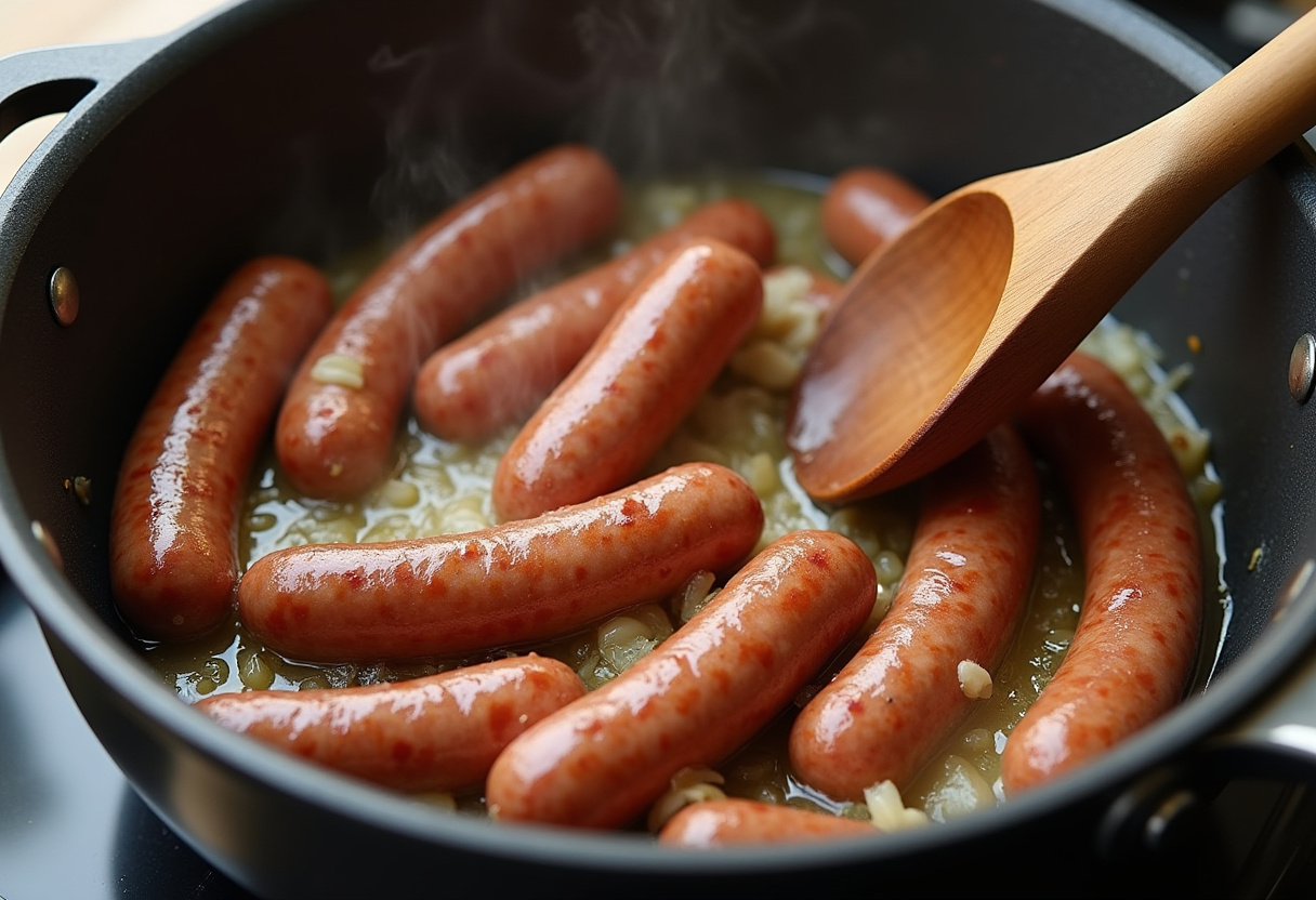 Italian sausage browning with onions and garlic for Zuppa Toscana Soup.