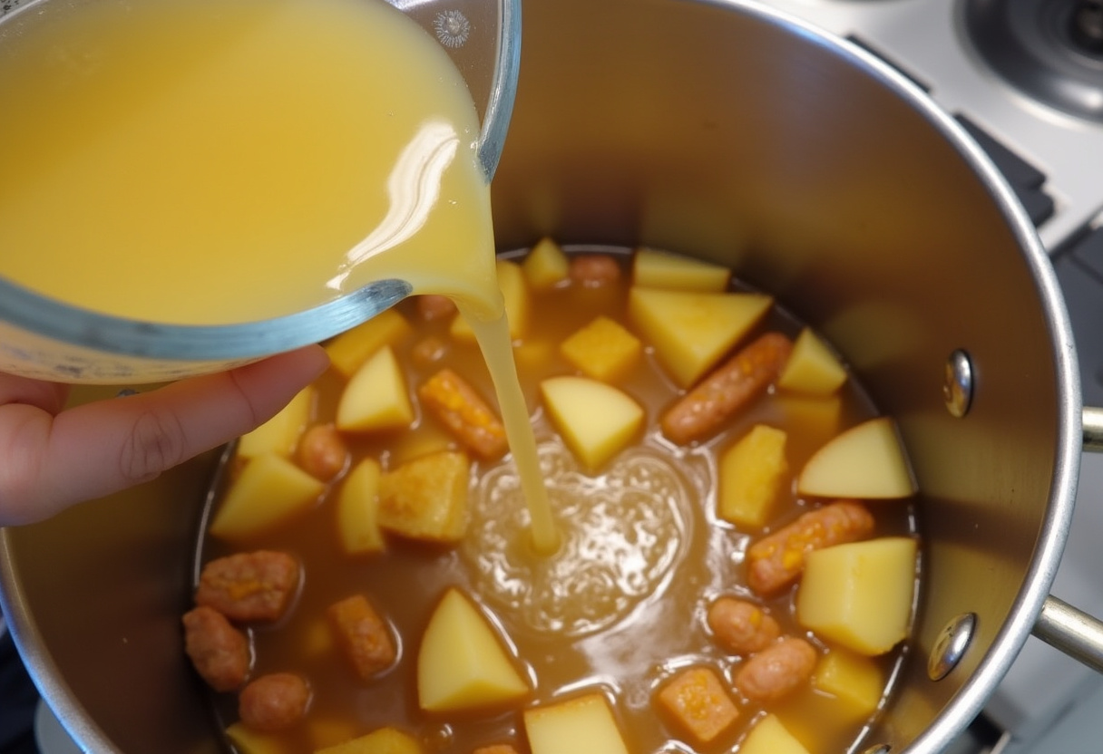 Chicken broth and potatoes added to the sausage mixture for Zuppa Toscana Soup.