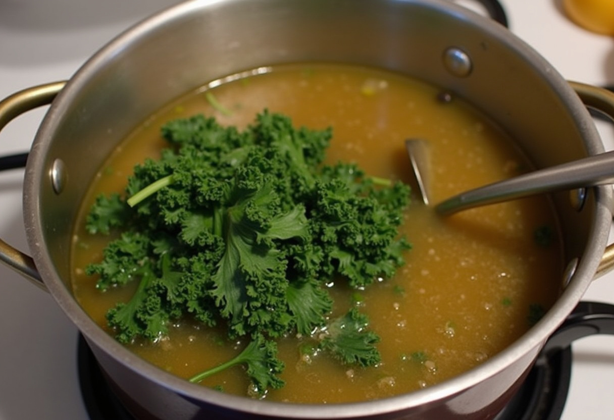 Kale being added to the simmering Zuppa Toscana Soup.