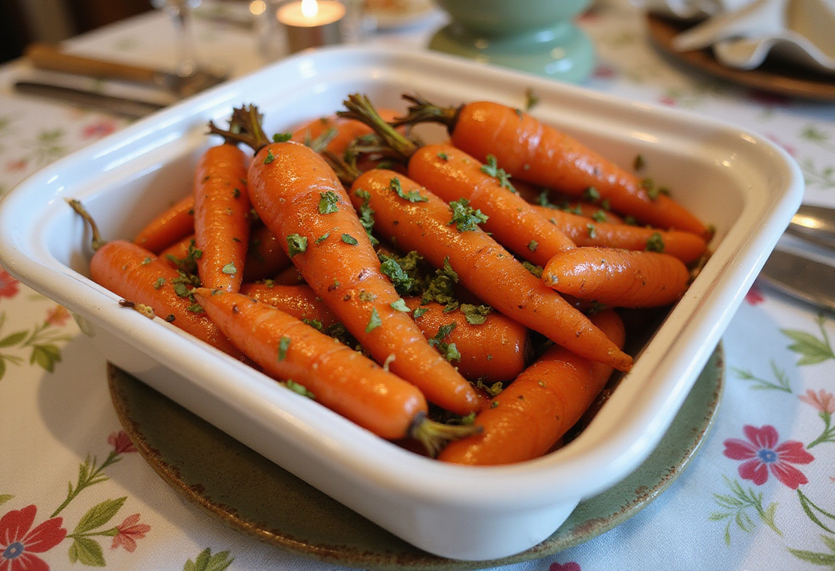 Honey roasted carrots on a serving dish, perfect for Easter dinner.