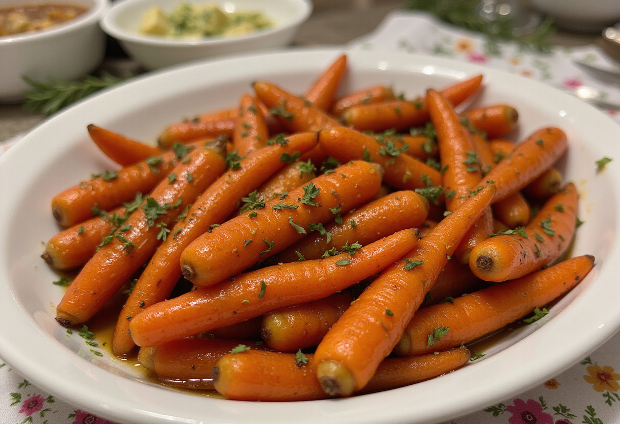 Honey roasted carrots on a serving dish, perfect for Easter dinner.