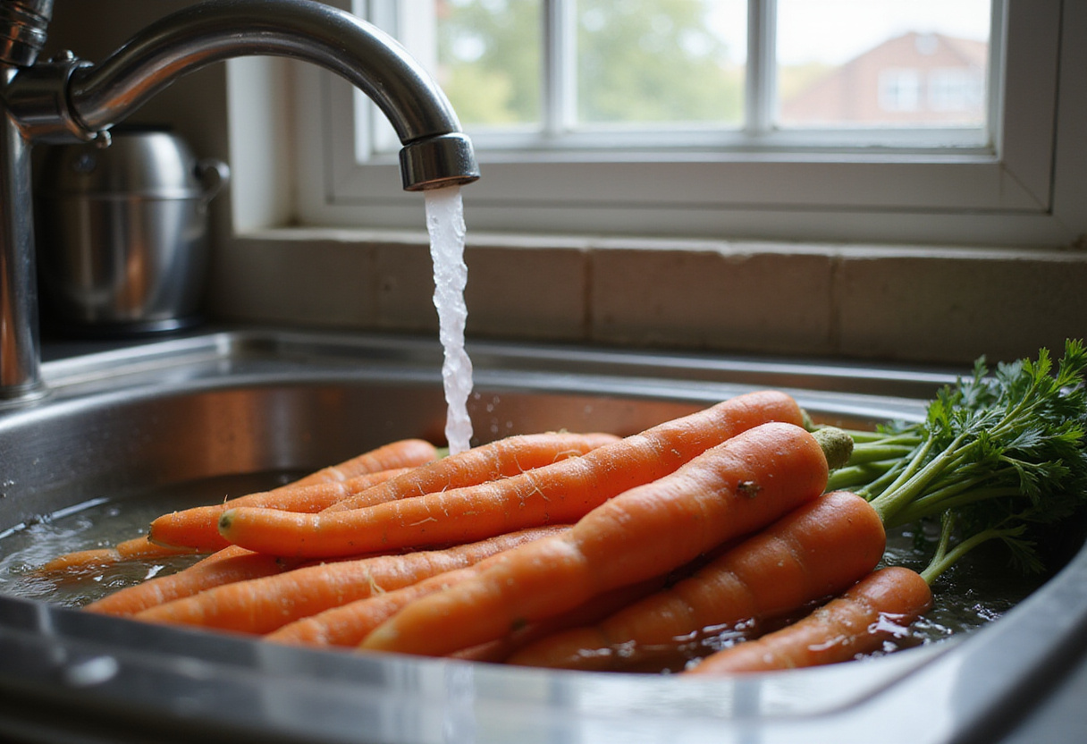 Washing fresh carrots to prepare honey roasted carrots for Easter dinner.