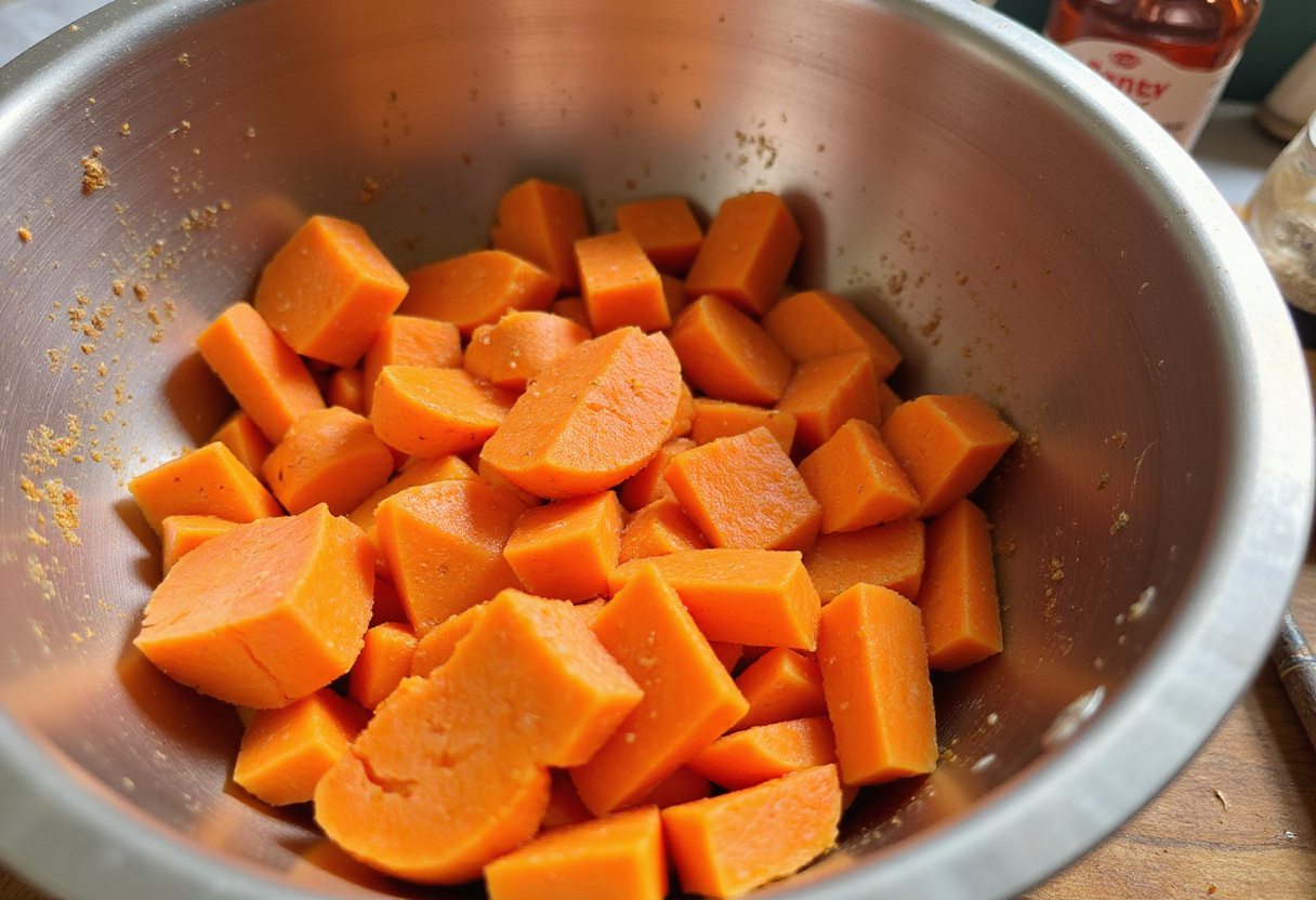 Chopped carrots in a bowl ready to be seasoned for honey roasted carrots.