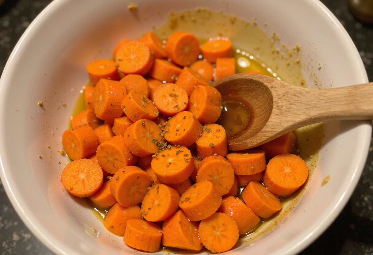 Tossing carrots with honey, olive oil, and spices for honey roasted carrots recipe.