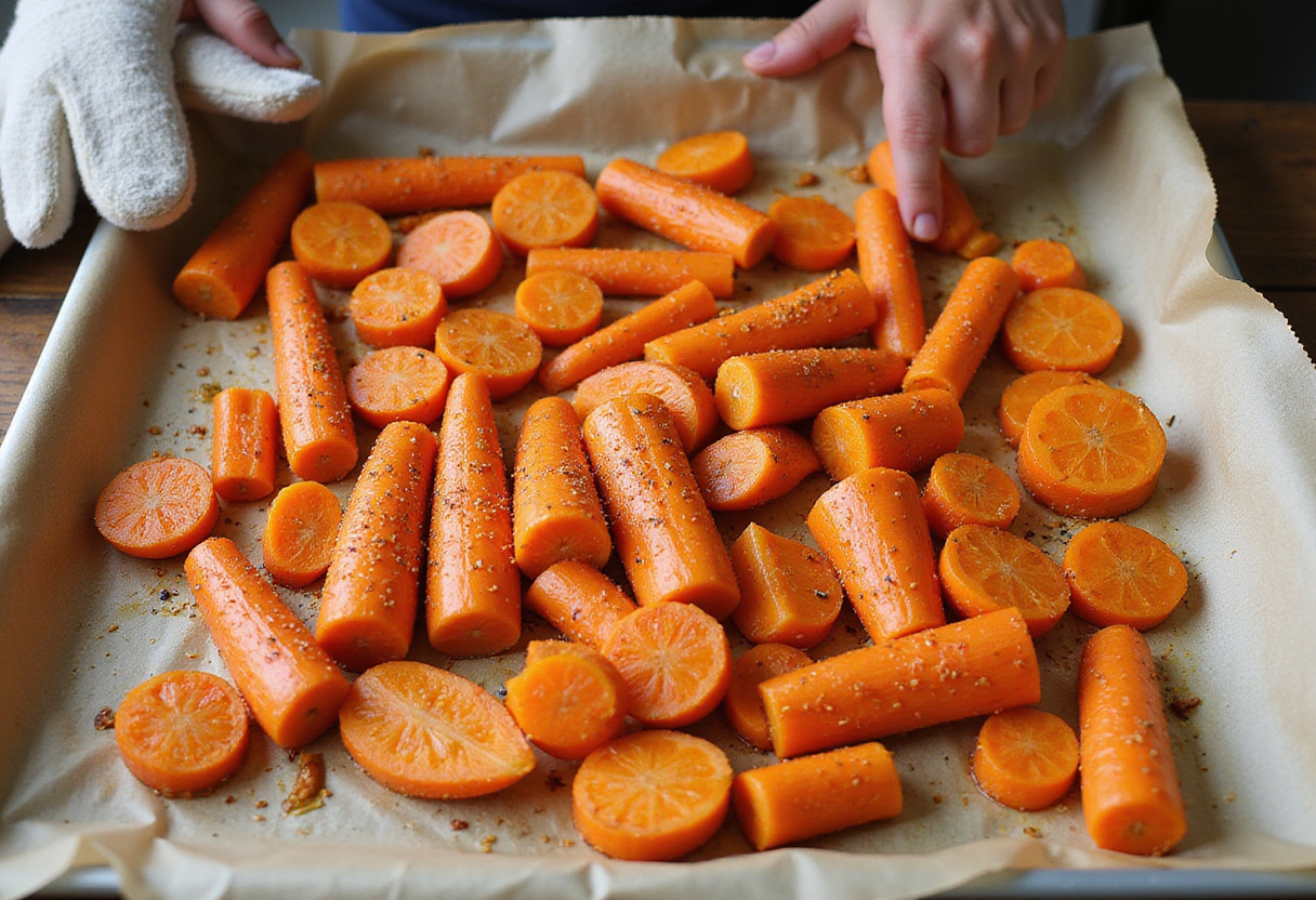 Seasoned carrots spread on a baking sheet for honey roasted carrots.