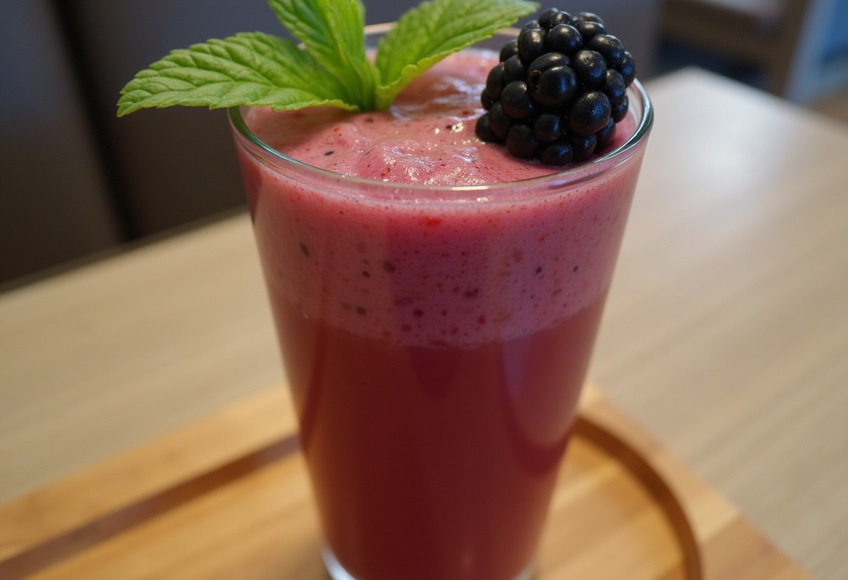 Refreshing Blackberry Hibiscus Tea Frappe garnished with blackberry and mint, ready to enjoy.