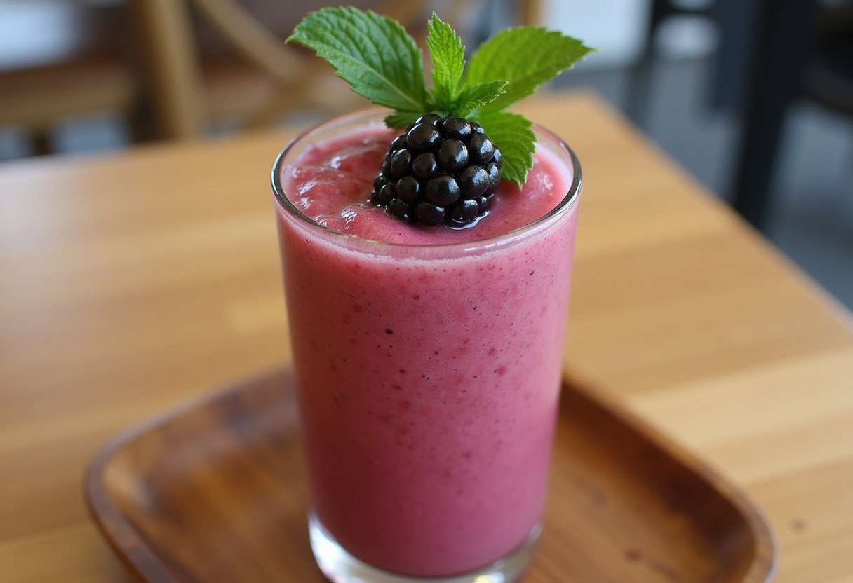 Refreshing Blackberry Hibiscus Tea Frappe garnished with blackberry and mint, ready to enjoy.